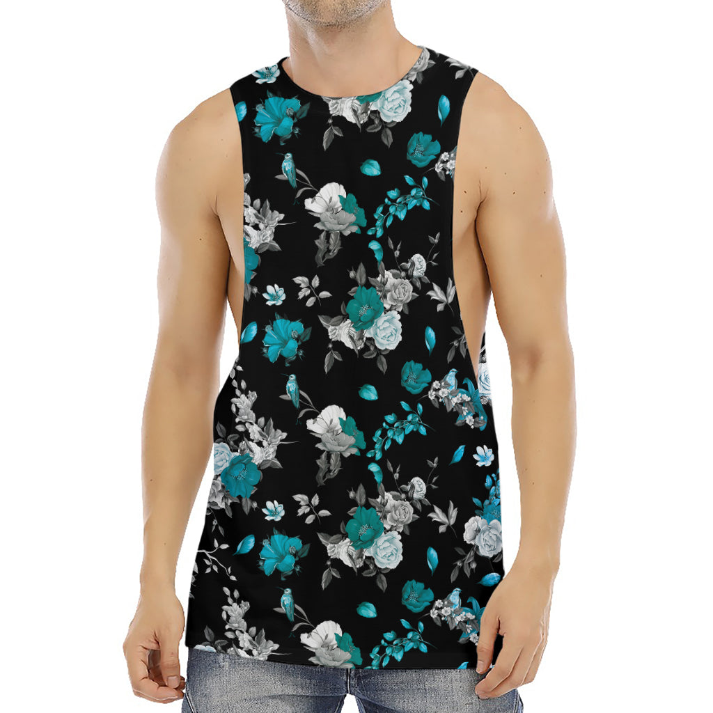 Blue Peony And Grey Rose Floral Print Men's Muscle Tank Top