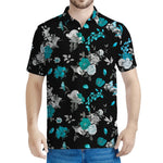 Blue Peony And Grey Rose Floral Print Men's Polo Shirt
