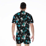 Blue Peony And Grey Rose Floral Print Men's Rompers