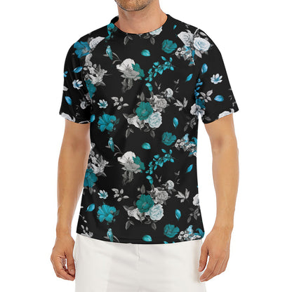 Blue Peony And Grey Rose Floral Print Men's Short Sleeve Rash Guard