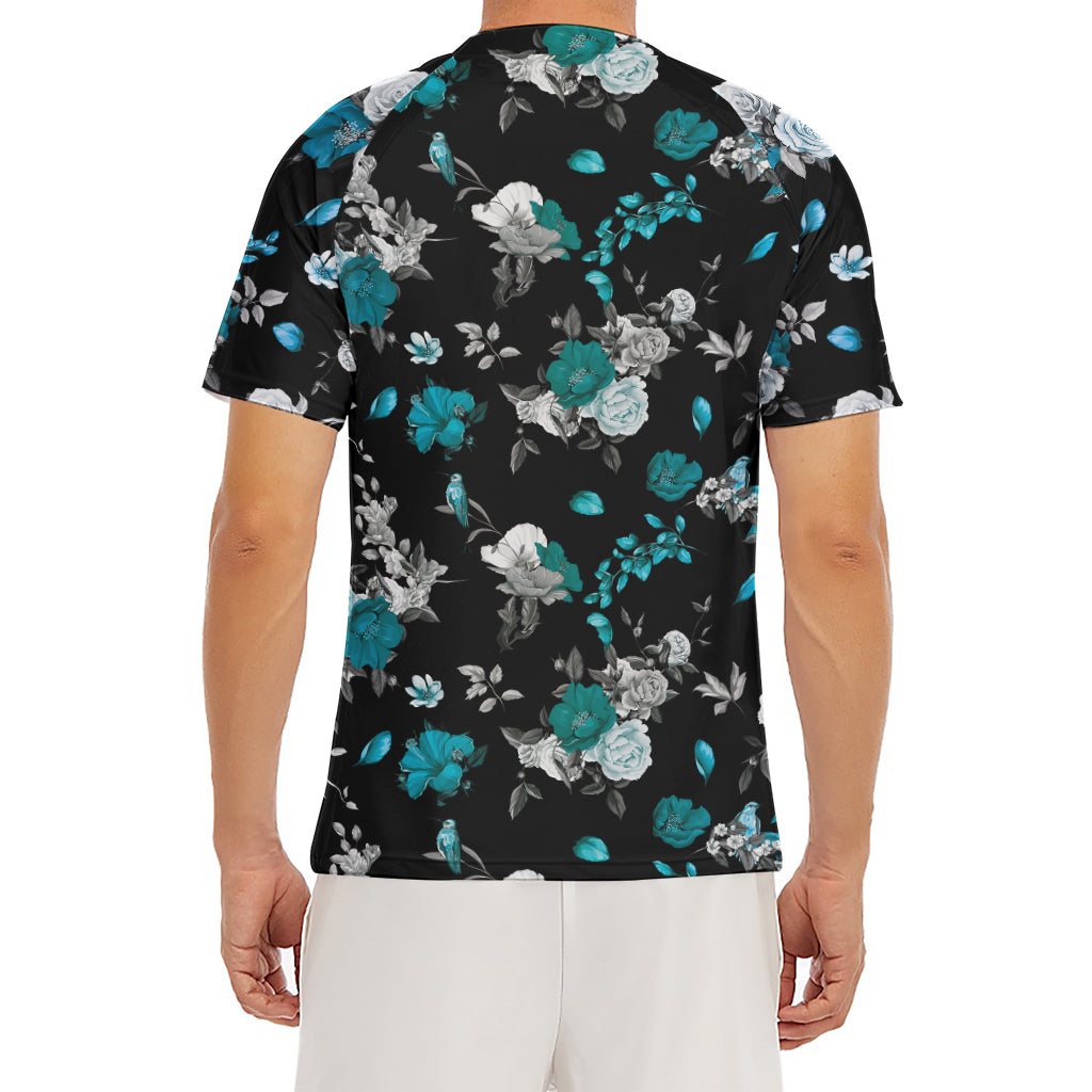 Blue Peony And Grey Rose Floral Print Men's Short Sleeve Rash Guard