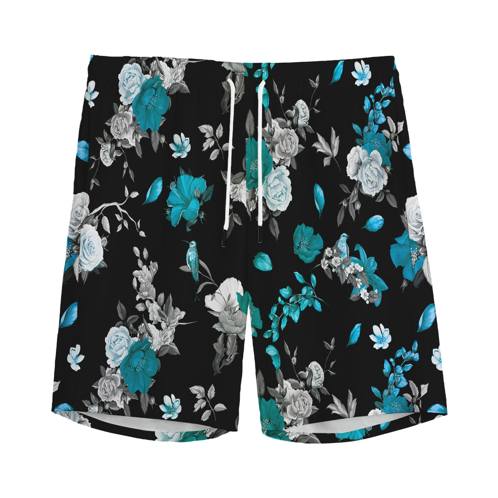 Blue Peony And Grey Rose Floral Print Men's Sports Shorts