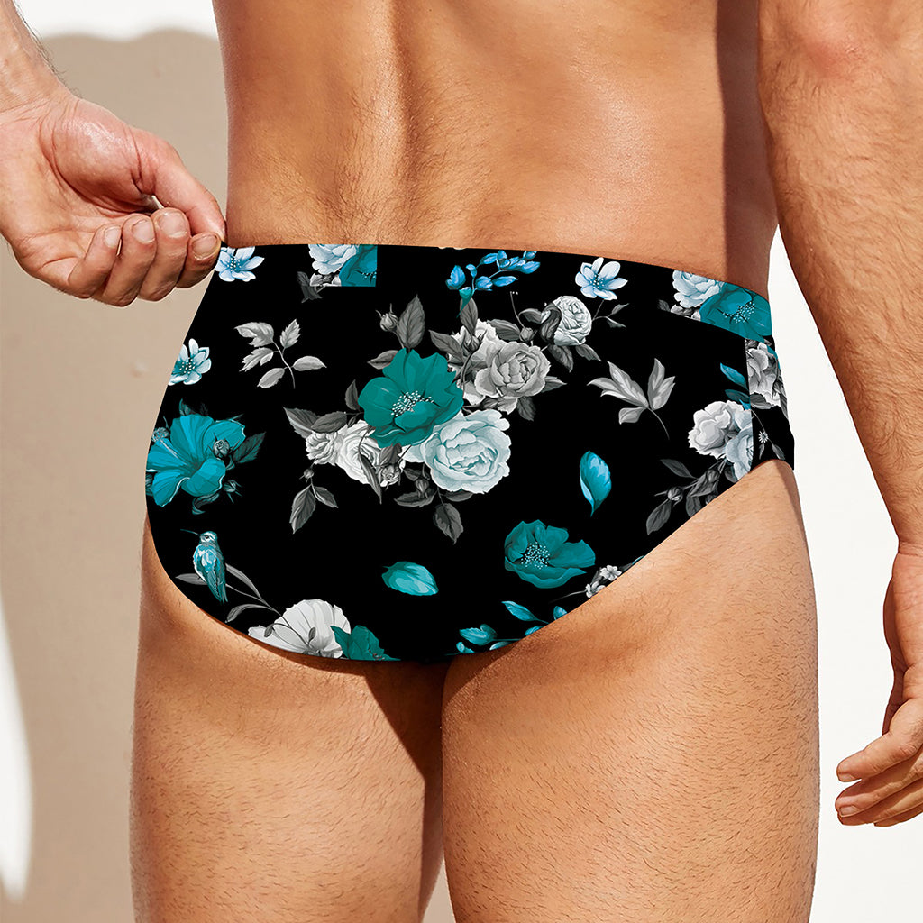 Blue Peony And Grey Rose Floral Print Men's Swim Briefs