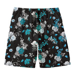 Blue Peony And Grey Rose Floral Print Men's Swim Trunks