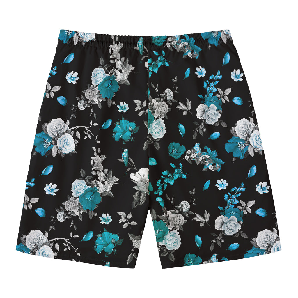 Blue Peony And Grey Rose Floral Print Men's Swim Trunks