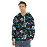 Blue Peony And Grey Rose Floral Print Men's Velvet Pullover Hoodie