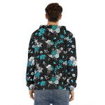 Blue Peony And Grey Rose Floral Print Men's Velvet Pullover Hoodie