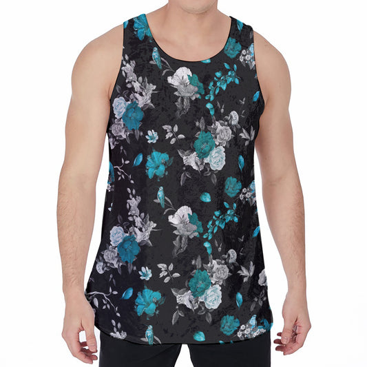 Blue Peony And Grey Rose Floral Print Men's Velvet Tank Top