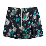 Blue Peony And Grey Rose Floral Print Mesh Shorts