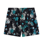 Blue Peony And Grey Rose Floral Print Mesh Shorts