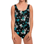 Blue Peony And Grey Rose Floral Print One Piece Swimsuit