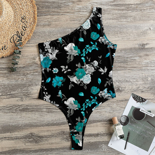 Blue Peony And Grey Rose Floral Print One Shoulder Bodysuit