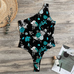 Blue Peony And Grey Rose Floral Print One Shoulder Bodysuit