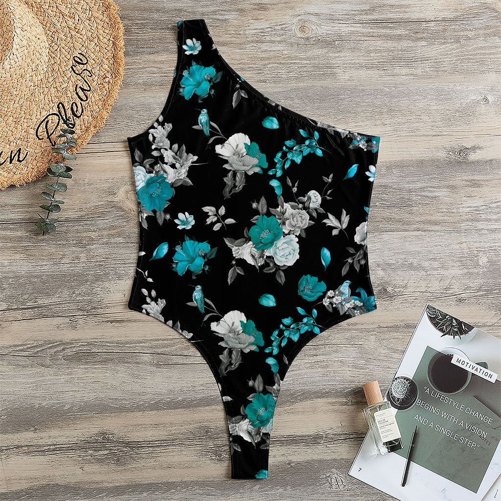 Blue Peony And Grey Rose Floral Print One Shoulder Bodysuit