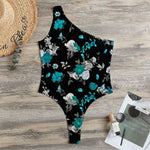 Blue Peony And Grey Rose Floral Print One Shoulder Bodysuit