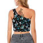 Blue Peony And Grey Rose Floral Print One Shoulder Crop Top