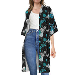 Blue Peony And Grey Rose Floral Print Open Front Beach Cover Up