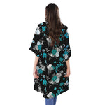 Blue Peony And Grey Rose Floral Print Open Front Beach Cover Up
