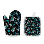 Blue Peony And Grey Rose Floral Print Oven Mitt And Pot Holder Set