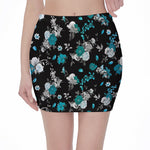 Blue Peony And Grey Rose Floral Print Pencil Mini Skirt