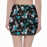 Blue Peony And Grey Rose Floral Print Pencil Mini Skirt