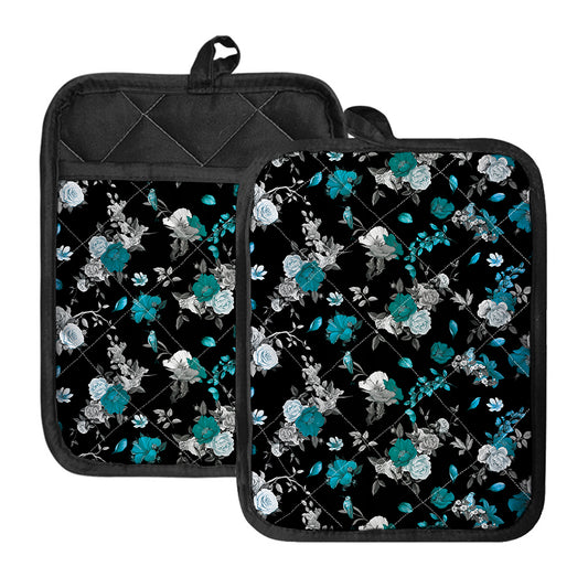 Blue Peony And Grey Rose Floral Print Pot Holders With Pocket