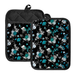 Blue Peony And Grey Rose Floral Print Pot Holders With Pocket