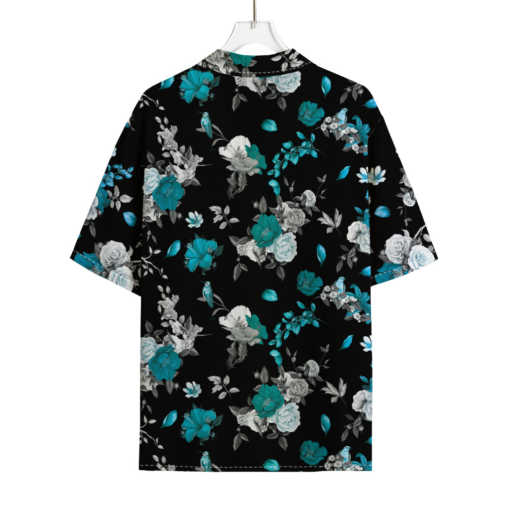 Blue Peony And Grey Rose Floral Print Rayon Hawaiian Shirt