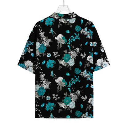 Blue Peony And Grey Rose Floral Print Rayon Hawaiian Shirt