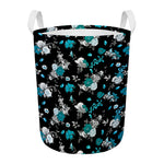 Blue Peony And Grey Rose Floral Print Round Laundry Basket
