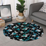Blue Peony And Grey Rose Floral Print Round Rug