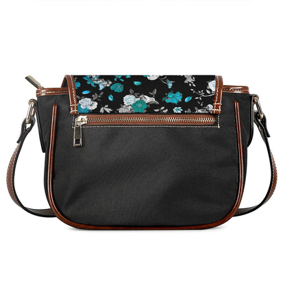 Blue Peony And Grey Rose Floral Print Saddle Bag