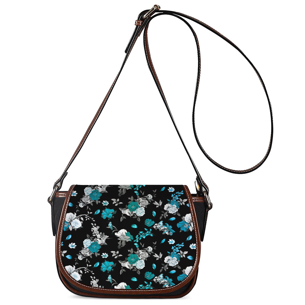 Blue Peony And Grey Rose Floral Print Saddle Bag