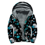 Blue Peony And Grey Rose Floral Print Sherpa Lined Zip Up Hoodie