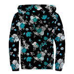 Blue Peony And Grey Rose Floral Print Sherpa Lined Zip Up Hoodie