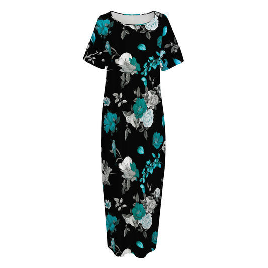 Blue Peony And Grey Rose Floral Print Short Sleeve Long Nightdress
