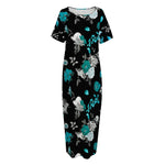 Blue Peony And Grey Rose Floral Print Short Sleeve Long Nightdress