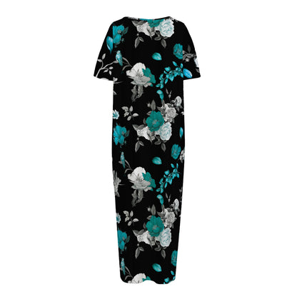 Blue Peony And Grey Rose Floral Print Short Sleeve Long Nightdress