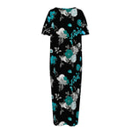 Blue Peony And Grey Rose Floral Print Short Sleeve Long Nightdress