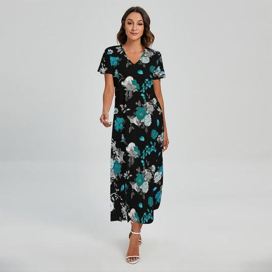 Blue Peony And Grey Rose Floral Print Short Sleeve Maxi Dress