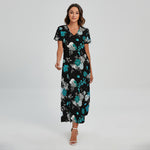 Blue Peony And Grey Rose Floral Print Short Sleeve Maxi Dress