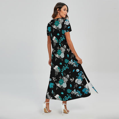 Blue Peony And Grey Rose Floral Print Short Sleeve Maxi Dress
