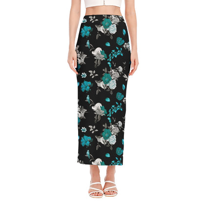 Blue Peony And Grey Rose Floral Print Side Slit Maxi Skirt
