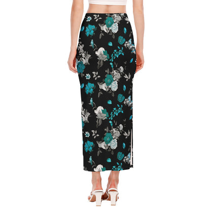 Blue Peony And Grey Rose Floral Print Side Slit Maxi Skirt