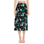 Blue Peony And Grey Rose Floral Print Side Slit Midi Skirt