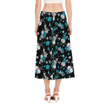 Blue Peony And Grey Rose Floral Print Side Slit Midi Skirt