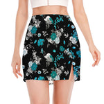 Blue Peony And Grey Rose Floral Print Side Slit Mini Skirt