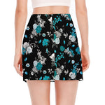 Blue Peony And Grey Rose Floral Print Side Slit Mini Skirt