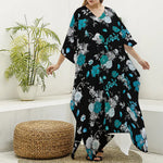 Blue Peony And Grey Rose Floral Print Silk V-Neck Kaftan Dress