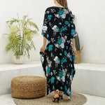 Blue Peony And Grey Rose Floral Print Silk V-Neck Kaftan Dress